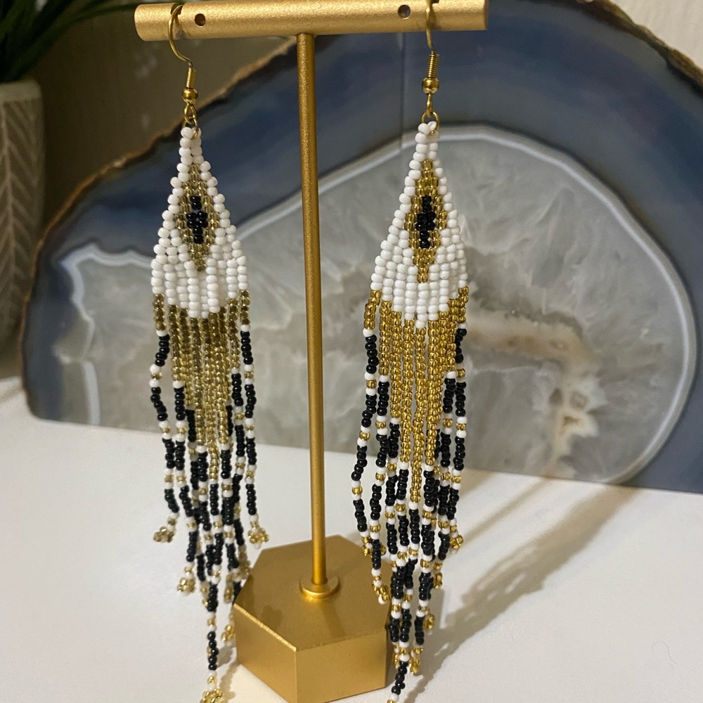 Chic Beaded Fringe Earrings in Black, White, and Gold